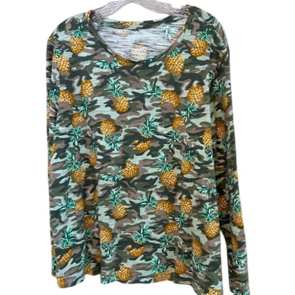 Dept. 222 Women's Green Camouflage Pineapple All Over Print Long Sleeve 2X